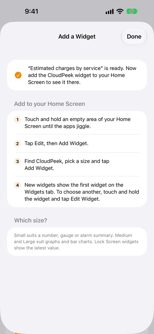The Add a Widget guide CloudPeek shows after your first widget: four steps for adding it to the Home Screen, and which size suits what.