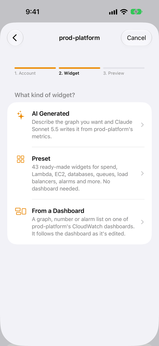 Create Widget's second step, “What kind of widget?”, offering AI Generated, Preset and From a Dashboard.