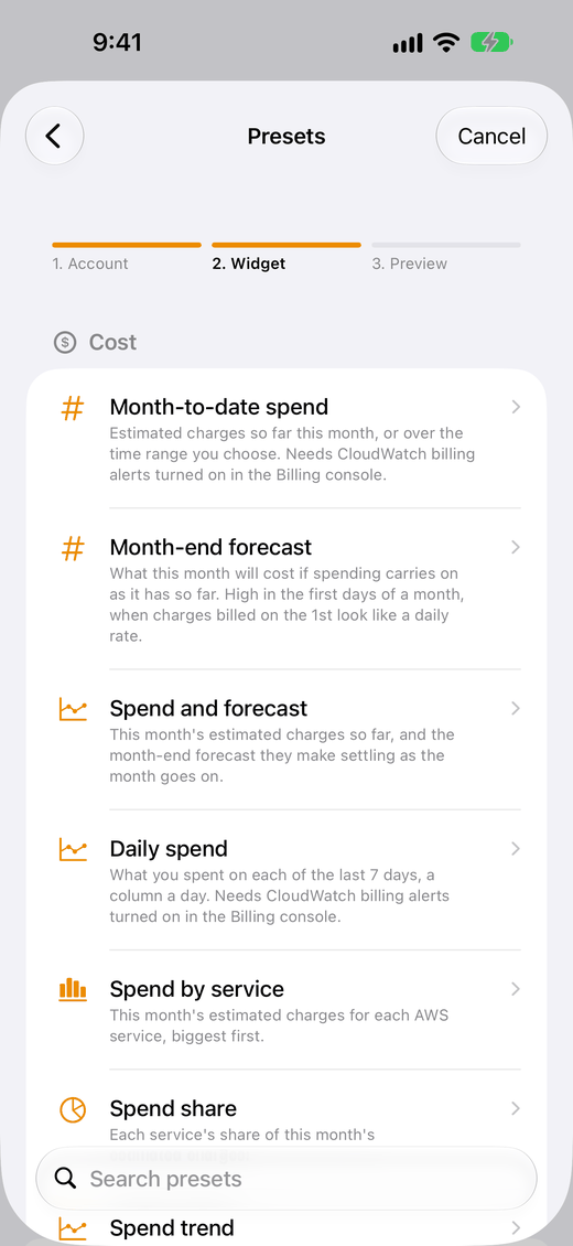 The Presets list in Create Widget, starting with the Cost presets, each with a line saying what it shows, and a Search presets field.