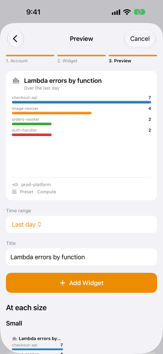 Create Widget's Preview step for the Lambda errors by function preset, with the Time range and Title fields and the Add Widget button.